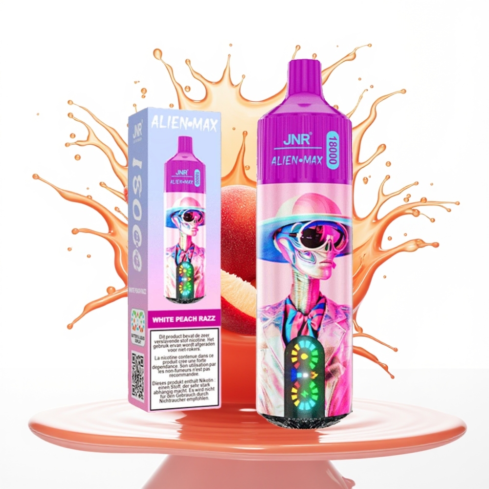 JNR Alien Max 18000 Puffs Disposable Vape Balta Persiku Raze – 18000 pievilkumi, 20 garšas, 28ml e-šķidrums, 850mAh baterija