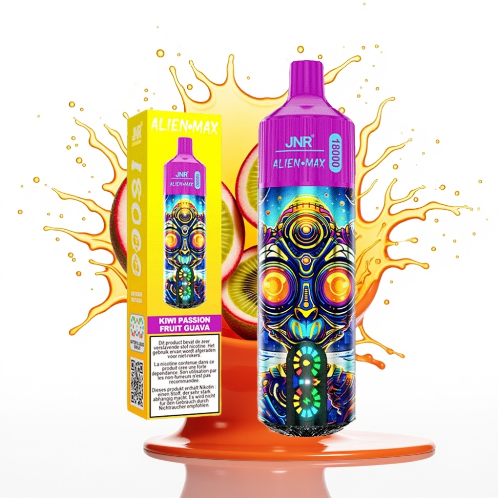 JNR Alien Max 18000 Puffs Disposable Vape Kiwi Passion Fruit Guava, 20 garšas, 28ml e-šķidruma, 850mAh baterija, Type-C ātrā uzlāde