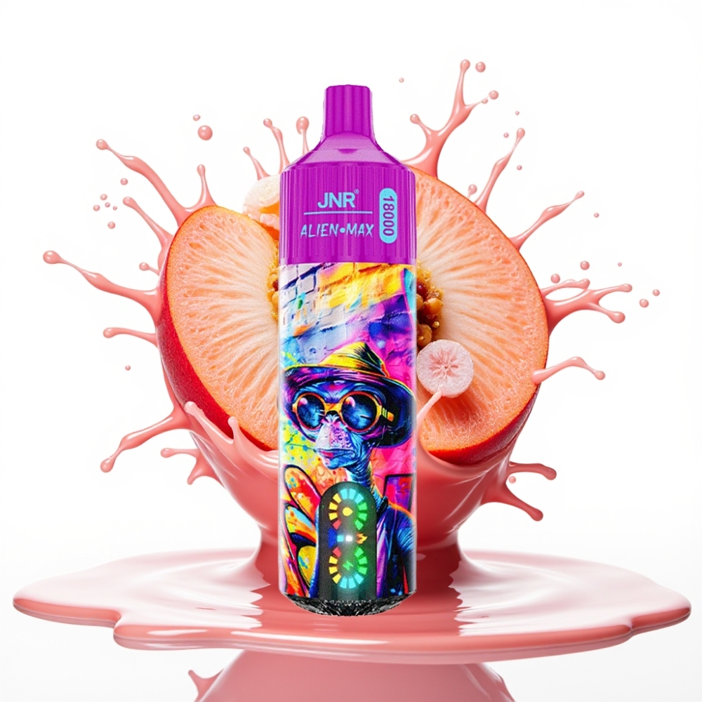 JNR Alien Max 18000 Puffs Disposable Vape Persiku Zileņu Konfekte – 20 garšas, 28ml e-šķidrums, 850mAh baterija, Type-C uzlāde