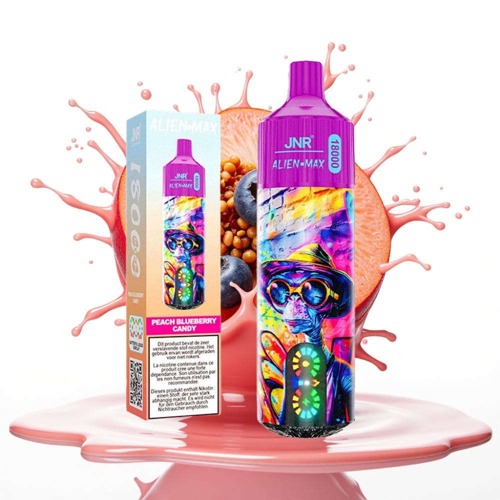 JNR Alien Max 18000 Puffs Disposable Vape Persiku Zileņu Konfekte – 20 garšas, 28ml e-šķidrums, 850mAh baterija, Type-C uzlāde
