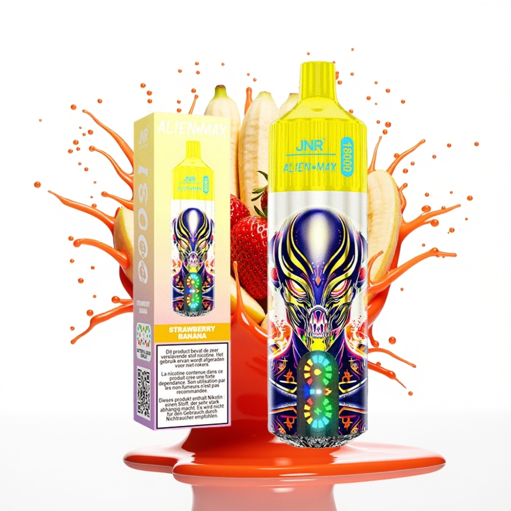 JNR Alien Max 18000 Puffs Disposable Vape Zemeņu Banāns ar LED displeju, 28ml e-šķidruma, 850mAh bateriju