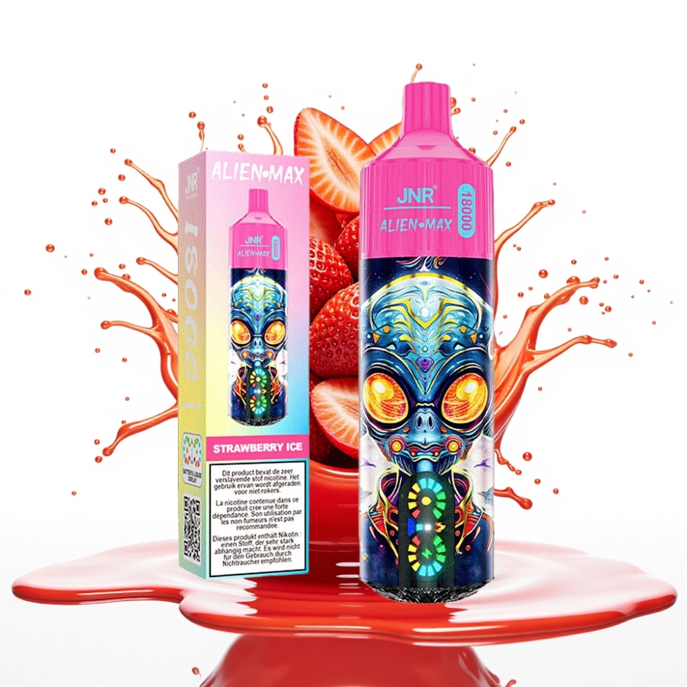 JNR Alien Max 18000 Puffs Disposable Vape Zemeņu Ledus – 20 garšas, 28ml e-šķidrums, 850mAh baterija, Type-C uzlāde