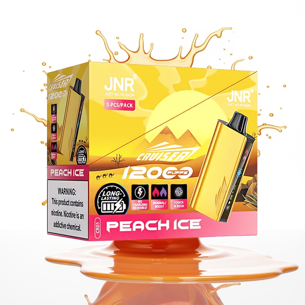 JNR Cruiser 12000 Puffs No-Charge Disposable Vape Persiku Ledus – 3500 mAh, 25ml, 1.2ohm Dual Mesh, Animāciju ekrāns