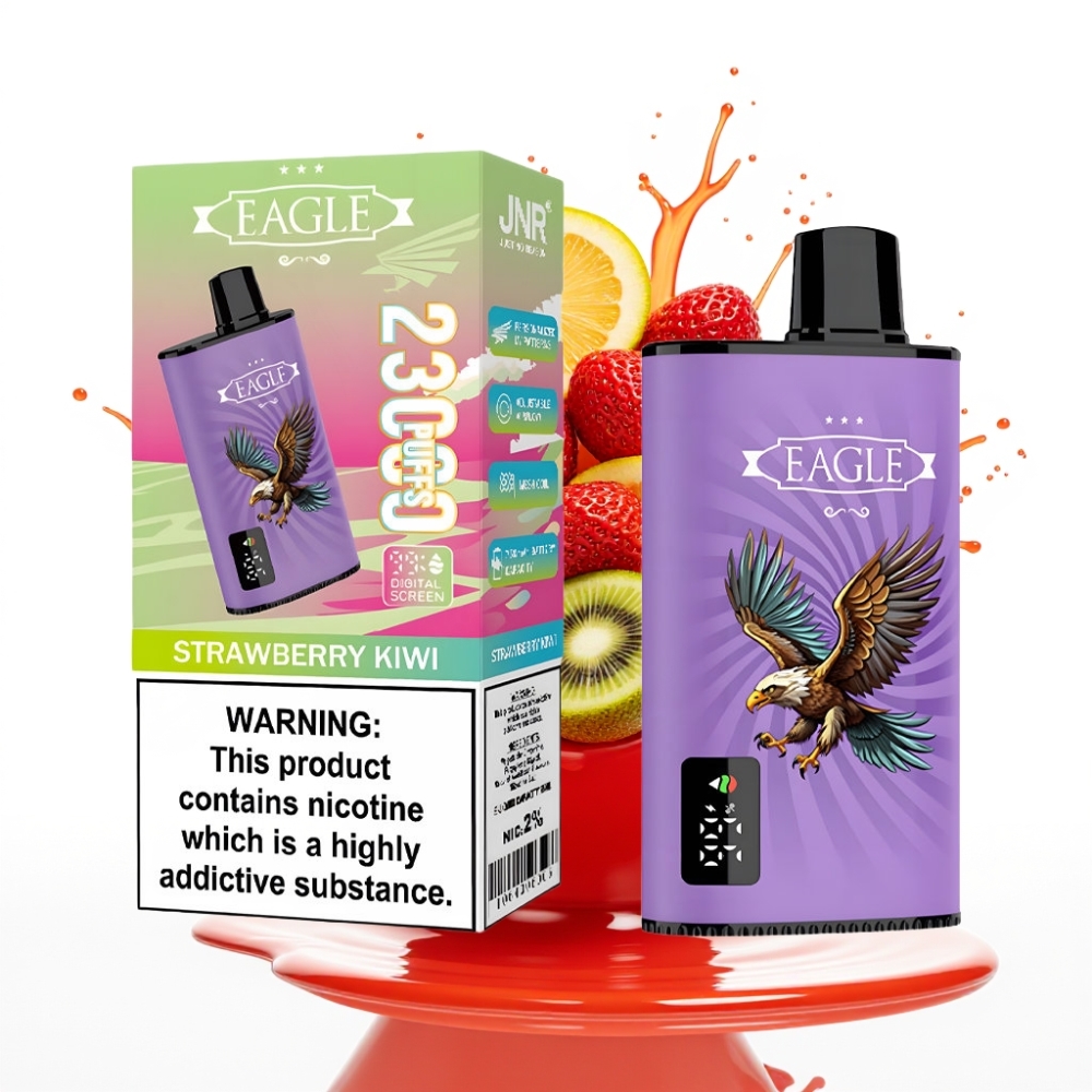 JNR EAGLE Smart 23000 Puffs Disposable Vape Zemeneņu-Kivi, Digitālais ekrāns, 1.0ohm Mesh spole, 25ml e-Liquid, 2 % nikotīna