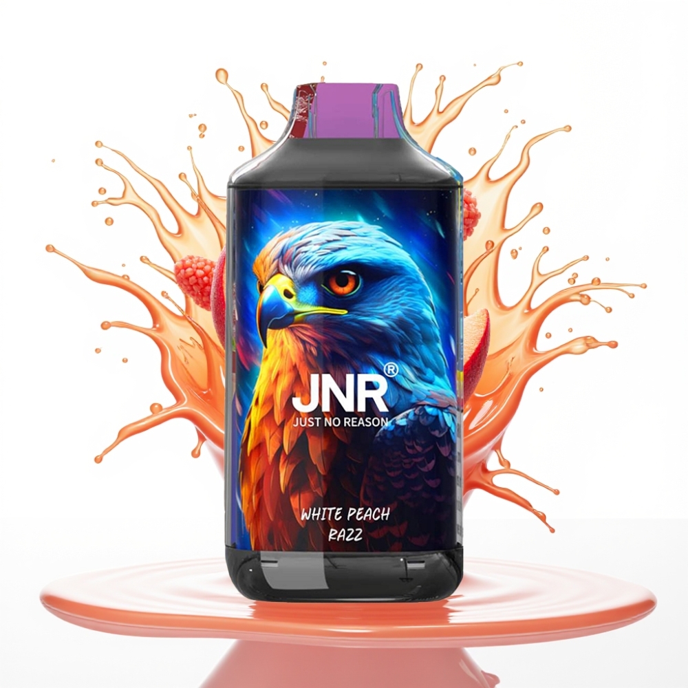 JNR Falcon 16000 Puffs Disposable Vape Balta Persiku Rāceņa – 850 mAh, 22ml, Dual Mesh Coil, Type C & Lightning