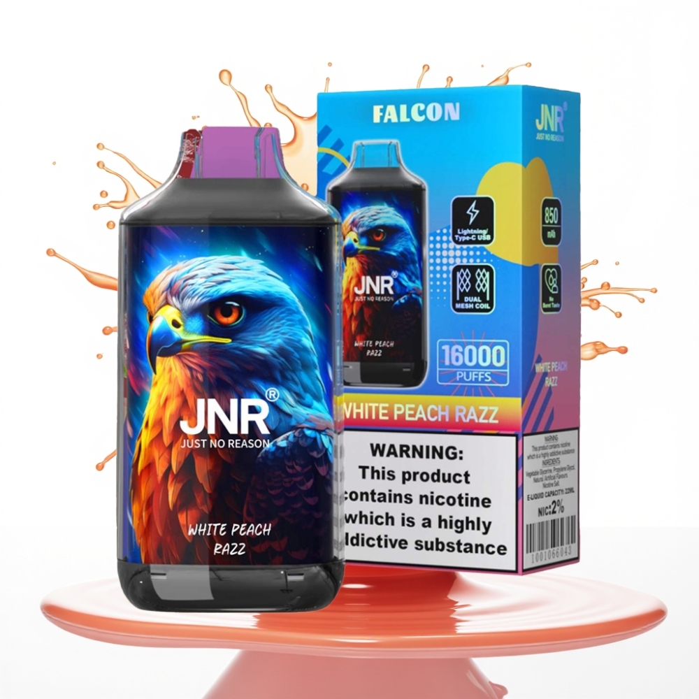 JNR Falcon 16000 Puffs Disposable Vape Balta Persiku Rāceņa – 850 mAh, 22ml, Dual Mesh Coil, Type C & Lightning