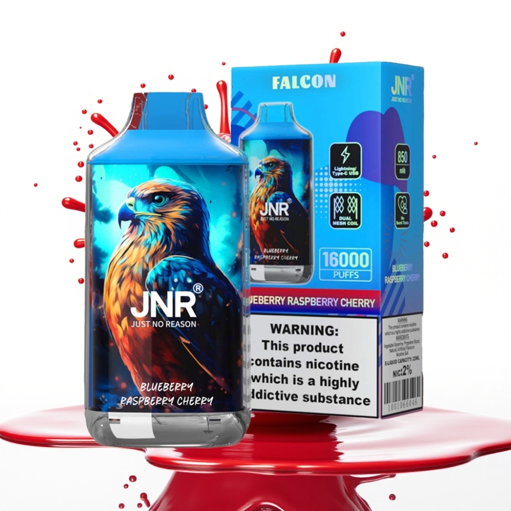 JNR Falcon 16000 Puffs Disposable Vape Zilā Kazeņa, Aveņu, Ķiršu - 850 mAh, 22ml, Dual Mesh Coil, Type C & Lightning