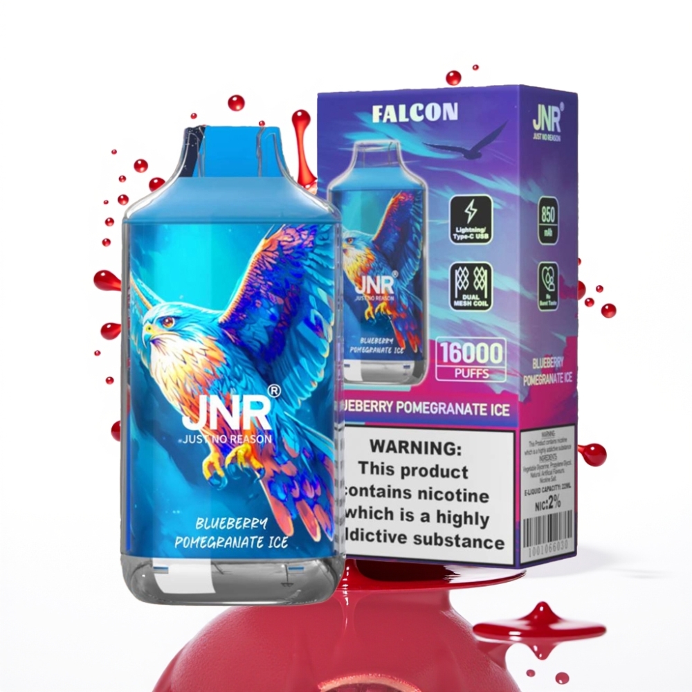 JNR Falcon 16000 Puffs Izmantojams Vape Zilā Oga Granātābols Ledus - 850mAh, 22ml, Dual Mesh Coil, Type C & Lightning