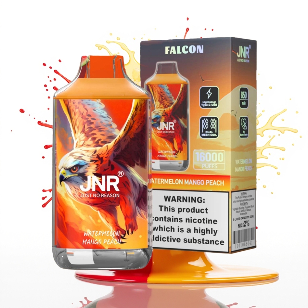 JNR Falcon 16000 Puffs Izmetamais Veips Arbūzs Mango Persiks — 16000 Puffs, 850 mAh, 22ml, Dual Mesh Coil