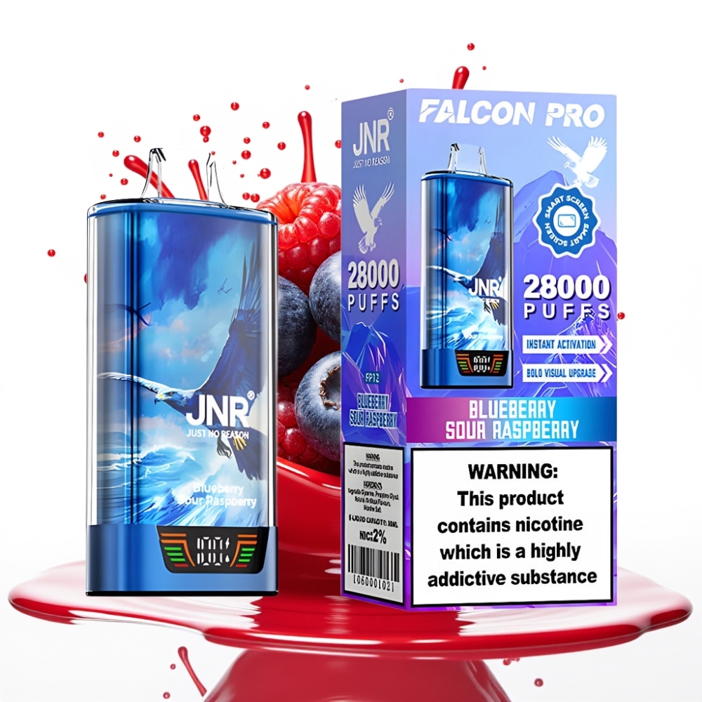 JNR Falcon Pro 28000 Izmetamā Vape – Zilā ērkšķogu Aveņu Garša, 30ml, 950mAh, 28000 Ivilcieni, 5% Nikotīna