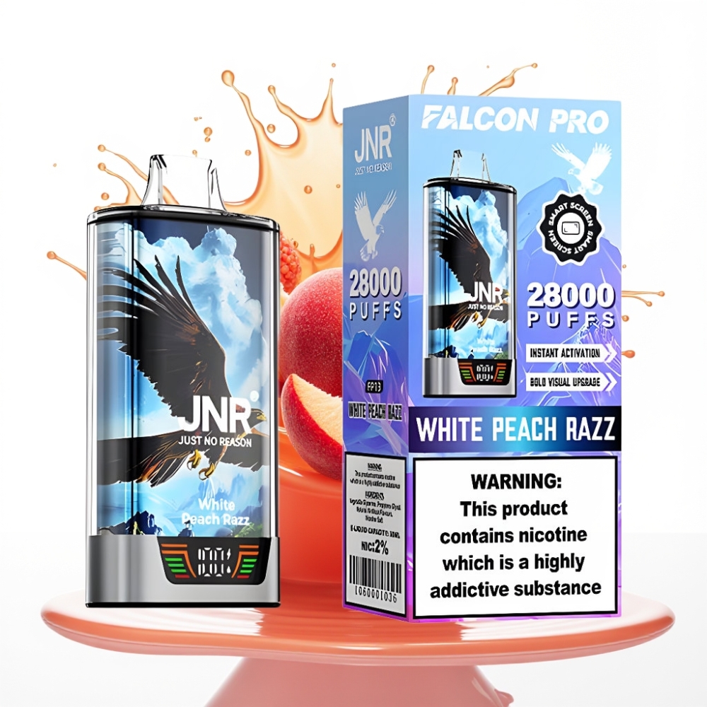 JNR Falcon Pro 28000 Izmetamais Veips Baltais Persiks un Aveņu 30ml, 950mAh, 28000 Ivilcieni, 5% Nikotīna, USB Type-C