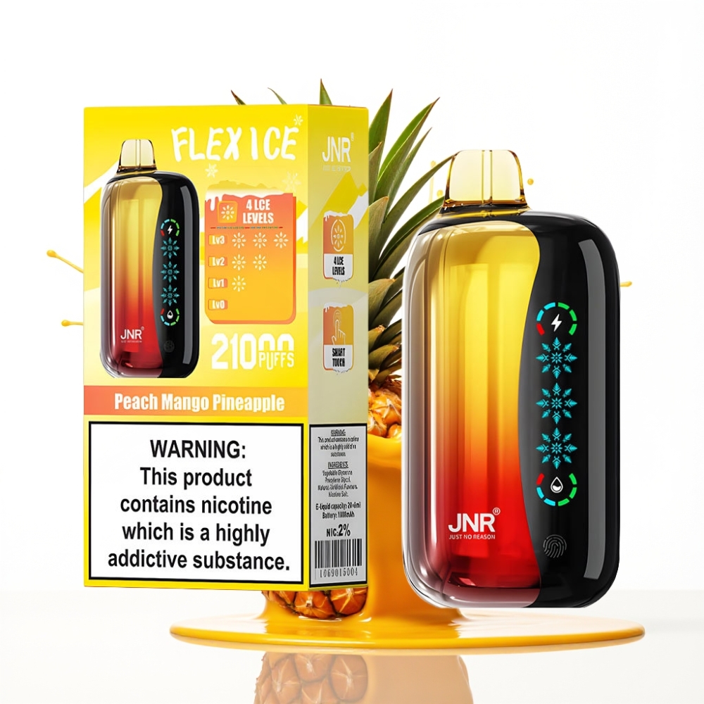 JNR Flex Ice 21000 Puffs Disposable Vape – Saldējuma regulējams, 26ml e-šķidrums, pielāgojams gaisa plūsma, Persiku Mango Ananāsu garša