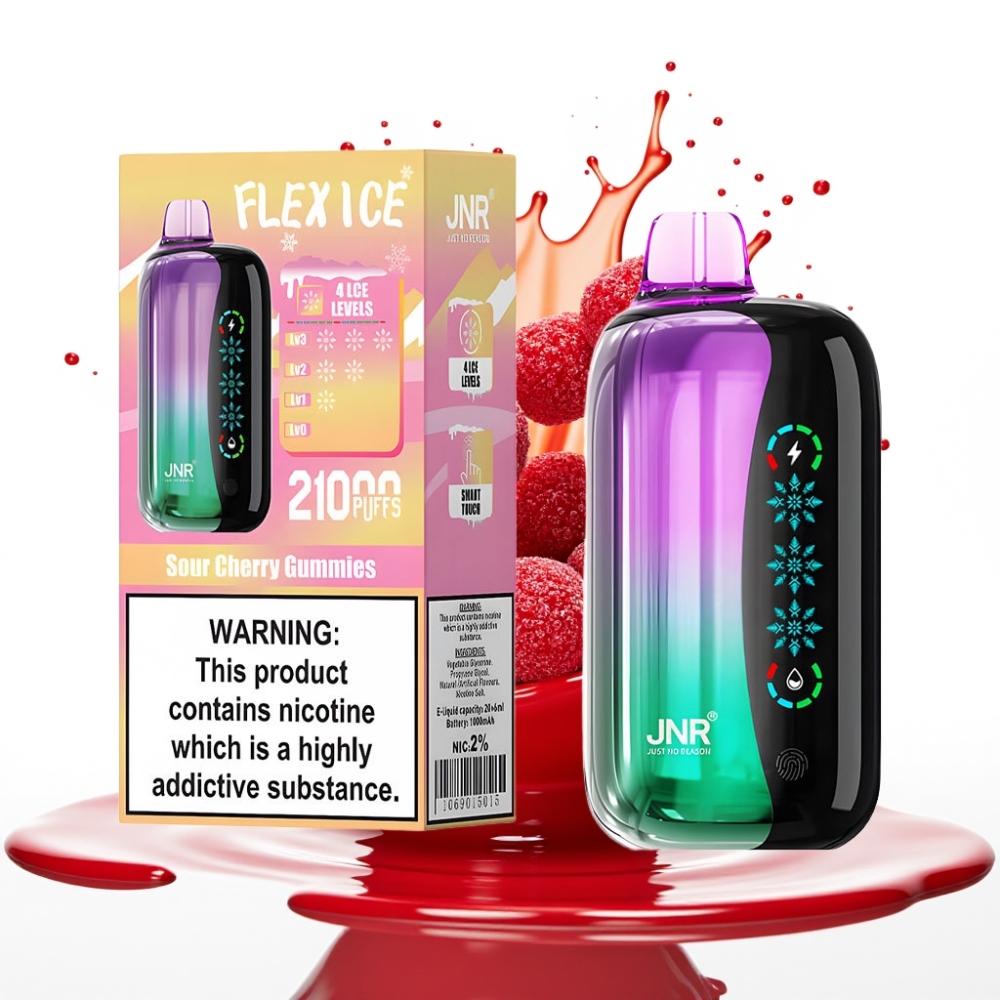 JNR Flex Ice 21000 Puffs Disposable Vape Skābo Ķiršu Gummies, 26ml E-liquid, 1000mAh Battery, Type-C Charging