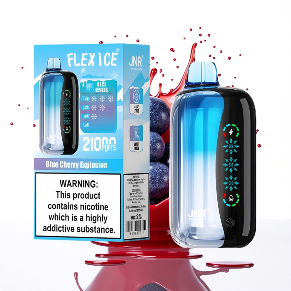 JNR Flex Ice 21000 Puffs Disposable Vape – Zilā Ķiršu Eksplozija, 26ml E-liquid, 1.2 Ohm Dual Mesh, Type-C Uzlāde