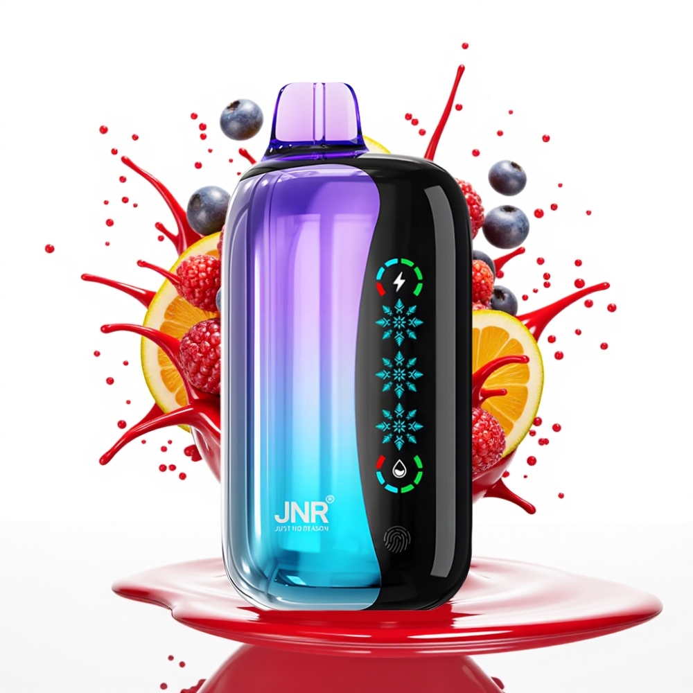 JNR Flex Ledus 21000 Pūšu Disposable Vape ar regulējamu ledu, 26ml e-šķidruma, pielāgojamu gaisa plūsmu, 1000mAh bateriju un Mixed Berry garšu