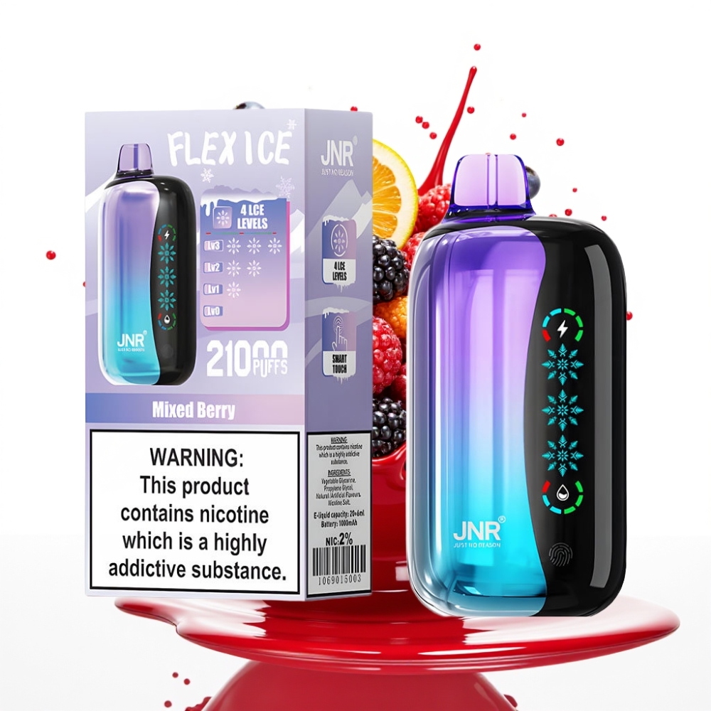 JNR Flex Ledus 21000 Pūšu Disposable Vape ar regulējamu ledu, 26ml e-šķidruma, pielāgojamu gaisa plūsmu, 1000mAh bateriju un Mixed Berry garšu