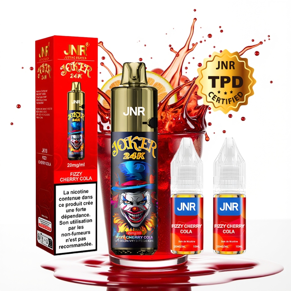 JNR Joker 24K Puffs Disposable Vape – Gaistošā Ķiršu Kola, 2+10ml Uzpildāma Poga, 800mAh Baterija, 24000 Puffi