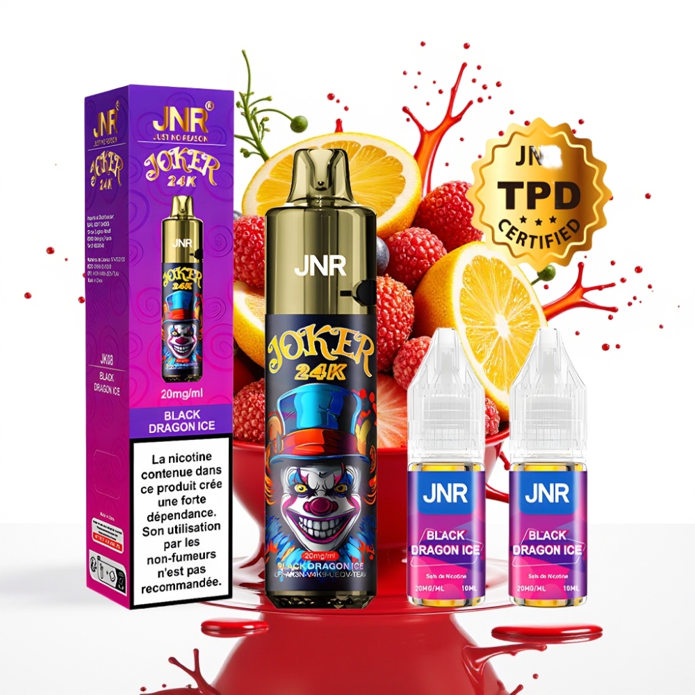 JNR Joker 24K Puffs Disposable Vape Melnais Pūķa Ledus – 2+10ml Pārpludināmais Pods, 800mAh Baterija, 24000 Pūši, 2% Nikotīna