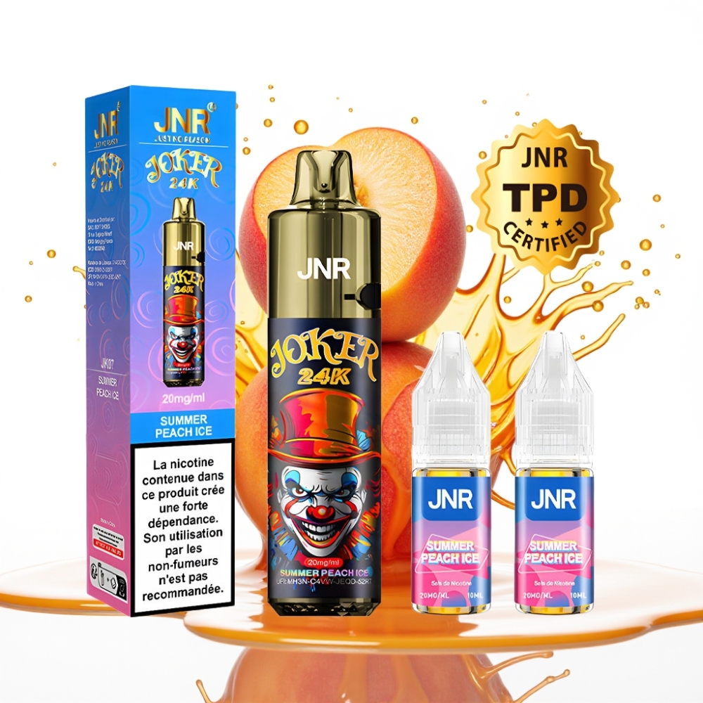 JNR Joker 24K Puffs Disposable Vape Vasaras Persiku Ledus – 2+10ml Pārlejams Pods, 800mAh Baterija, 24000 Puffi, 2% Nikotīna