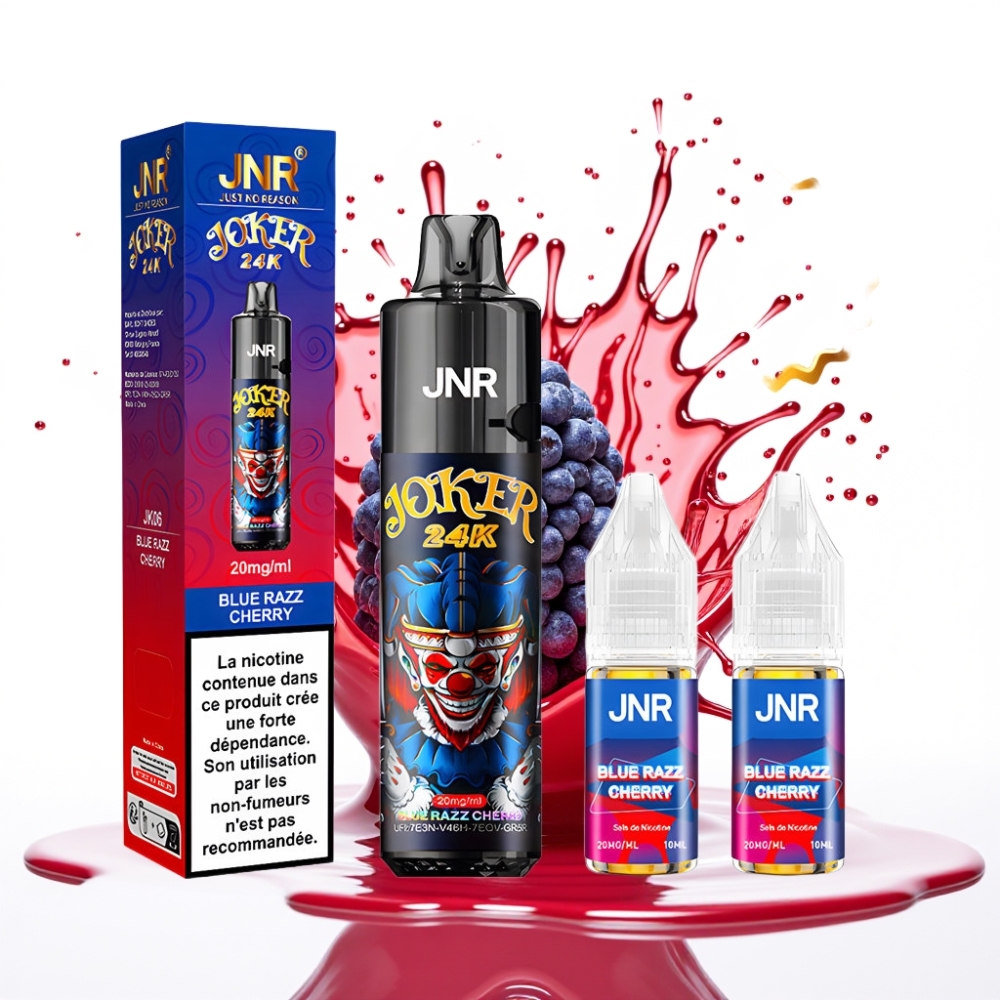 JNR Joker 24K Puffs Disposable Vape Zilā Aveņu Ķiršu Garša, 2+10ml Pārbēršams, 800mAh, 24000 Puffi