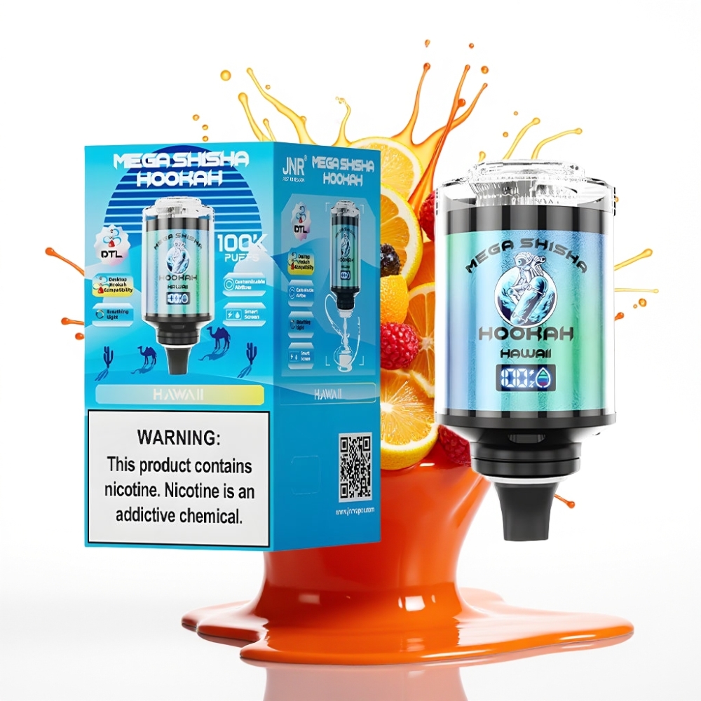 JNR Mega Shisha Hookah 100K Galda Saderība ar 100 000 izmeklējumiem, 60ml e-Liquid, 2200mAh Battery, Type-C, Hawaii
