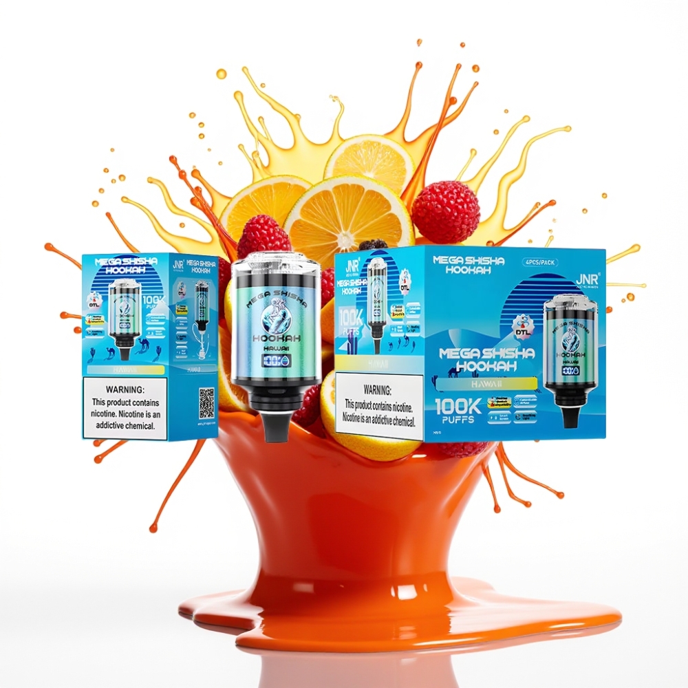 JNR Mega Shisha Hookah 100K Galda Saderība ar 100 000 izmeklējumiem, 60ml e-Liquid, 2200mAh Battery, Type-C, Hawaii