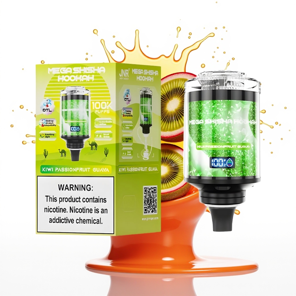JNR Mega Shisha Hookah 100K Galda Saderība ar 2200mAh Akumulatoru, Tipa-C Uzlādi un 60ml e-Sķidruma Ietilpību – Kiwi Pasifloras Guava