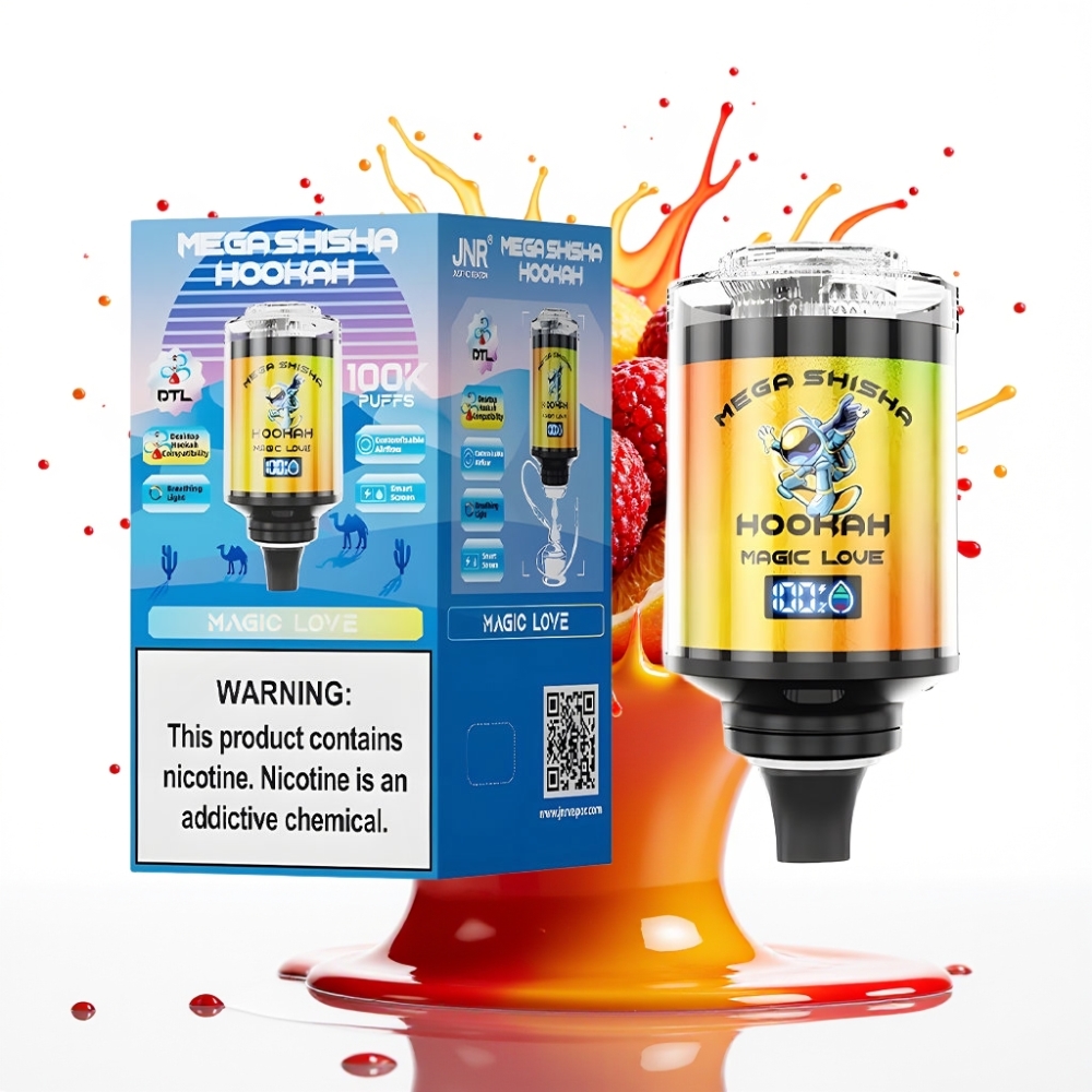 JNR Mega Shisha Hookah Desktop Compatibility – 100 000 piepildījumi, 60ml e-sķidruma ietilpība, 2200mAh baterija, Type-C ātrā uzlāde, Magic Love