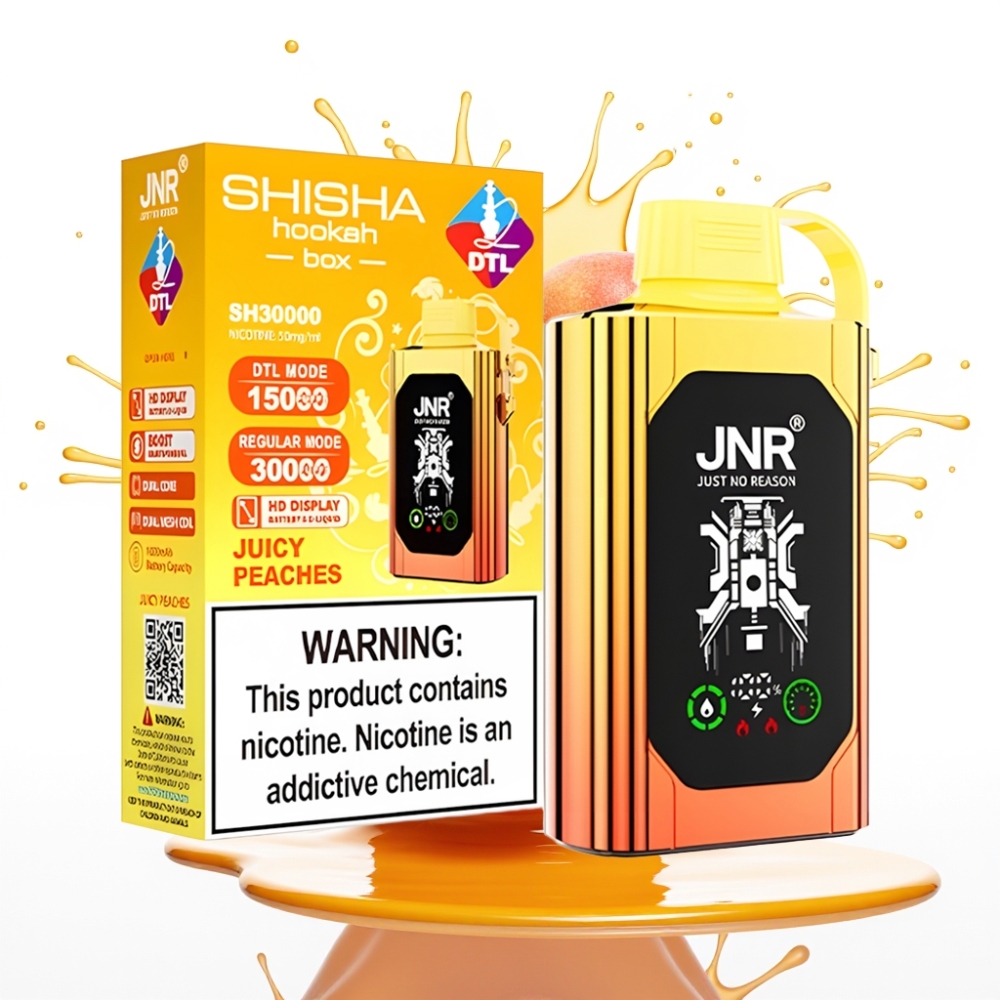 JNR Shisha Hookah Box 20500 Puffs Disposable Vape Sulu Persiki, HD Displejs, 25ml, Tipa-C Uzlāde