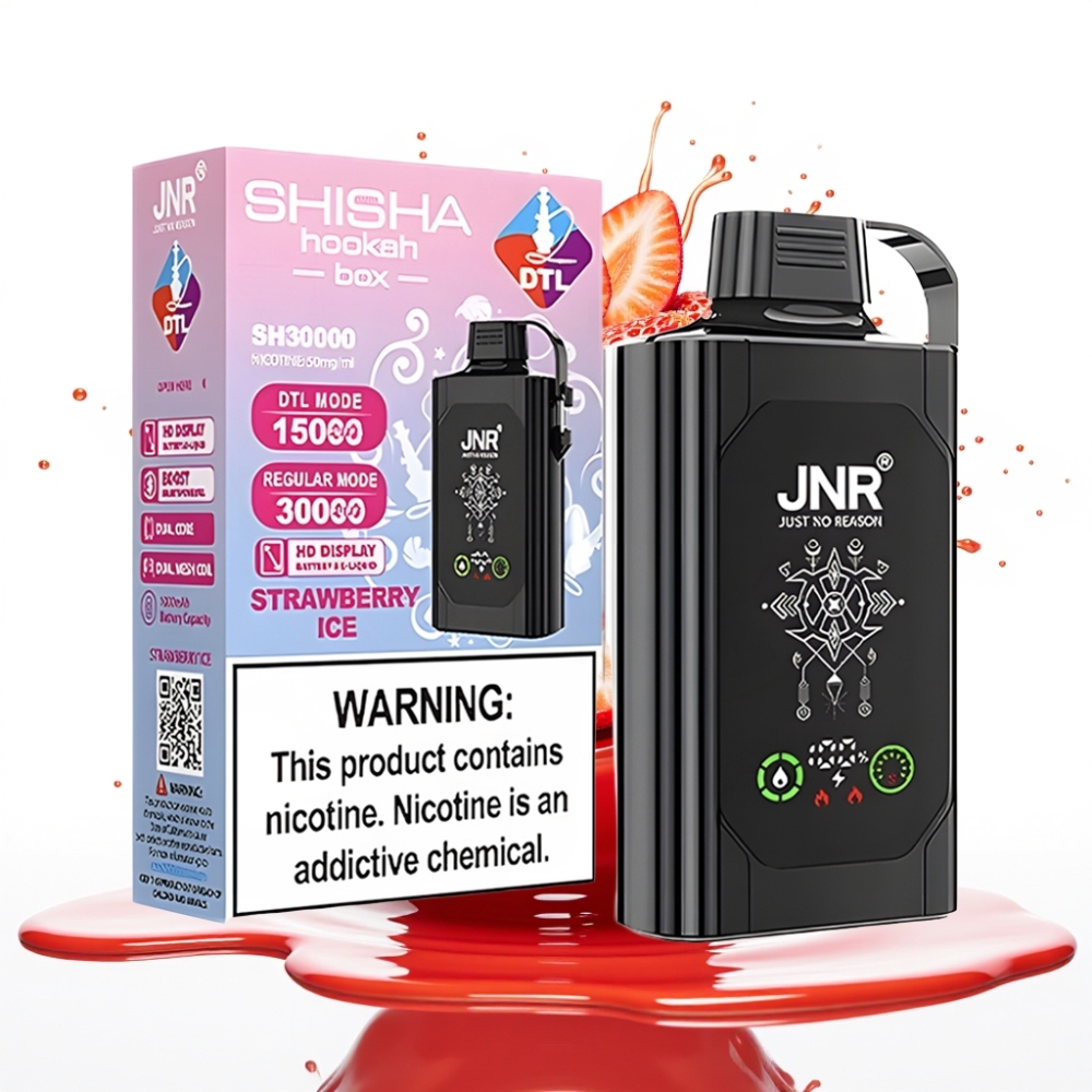 JNR Shisha Hookah Box 20500 Puffs Disposable Vape Zemeņu Ledus, HD Displejs, 25ml, Type-C Uzlāde