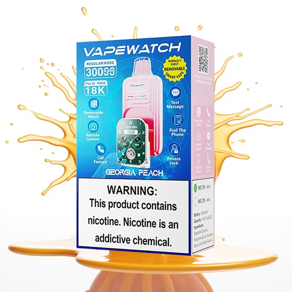JNR VapeWatch 30000 Puffs Disposable Vape Gruzijas Persiks, 1000mAh, 19mL, 5% nikotīns, Type-C Quick Charge