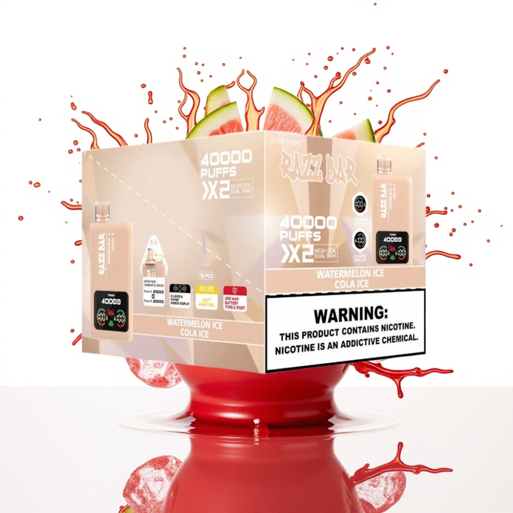 Razz Bar 40000 Puffs Disposable Vape ARBŪZLEDUS & KOLALEDUS, Power Screen Display, 1.0Ω×2 Mesh Coil, Type-C Port