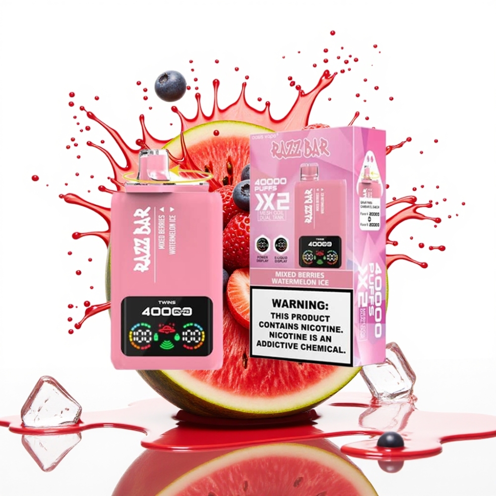 Razz Bar 40000 Puffs Disposable Vape JAUKTĀ OGAS & ARBŪZLEDUS, Power Screen Display, 1.0Ω×2 Mesh Coil, Type-C Port