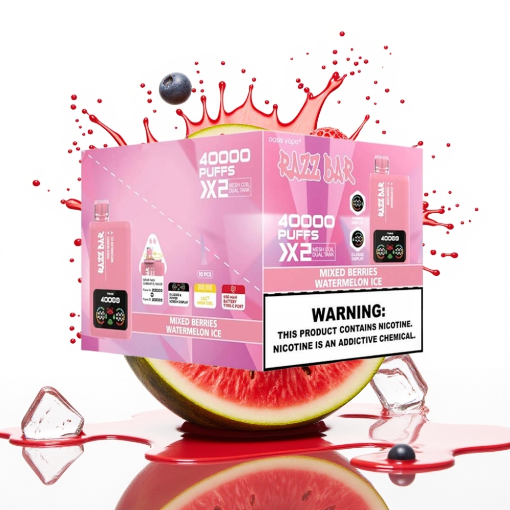 Razz Bar 40000 Puffs Disposable Vape JAUKTĀ OGAS & ARBŪZLEDUS, Power Screen Display, 1.0Ω×2 Mesh Coil, Type-C Port