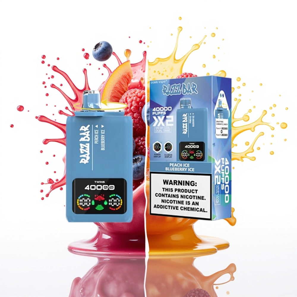 Razz Bar 40000 Puffs Disposable Vape PERSIKU LEDUS & ZILĀ OGULEDUS, Power Screen Display, 1.0Ω×2 Mesh Coil, Type-C Port