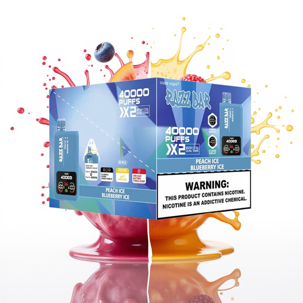 Razz Bar 40000 Puffs Disposable Vape PERSIKU LEDUS & ZILĀ OGULEDUS, Power Screen Display, 1.0Ω×2 Mesh Coil, Type-C Port