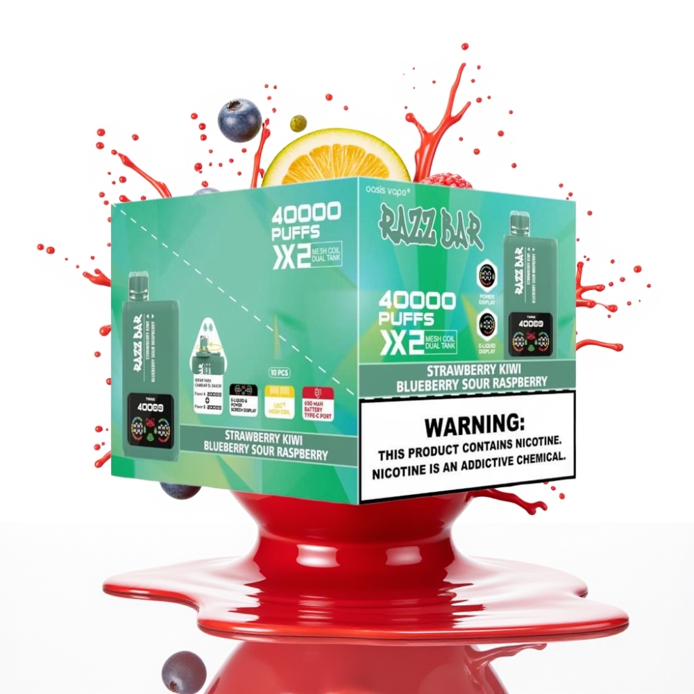 Razz Bar 40000 Puffs Disposable Vape ZEMENEKU KIWI & ZILĀ OGAS SKĀBĀ AVEŅU, Power Screen Display, 1.0Ω×2 Mesh Coil, Type-C Port
