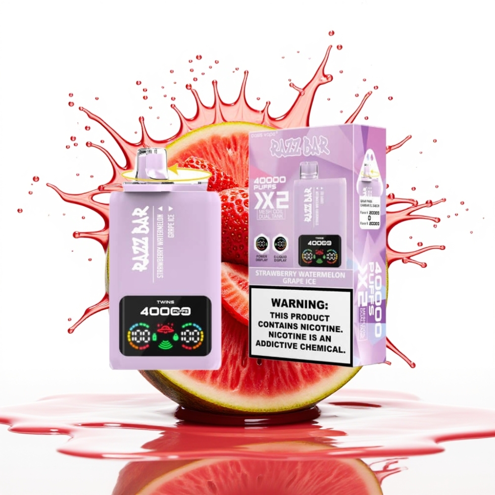 Razz Bar 40000 Puffs Disposable Vape ZEMENEŅU ARBŪZU & VĪNKOĶU LEDUS, Power Screen Display, 1.0Ω×2 Mesh Coil, 650 Mah Battery