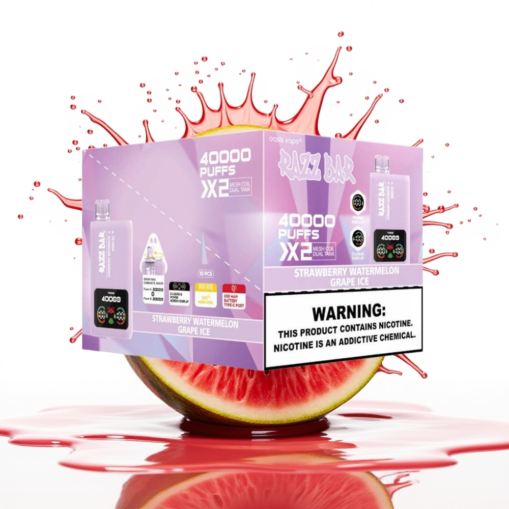 Razz Bar 40000 Puffs Disposable Vape ZEMENEŅU ARBŪZU & VĪNKOĶU LEDUS, Power Screen Display, 1.0Ω×2 Mesh Coil, 650 Mah Battery