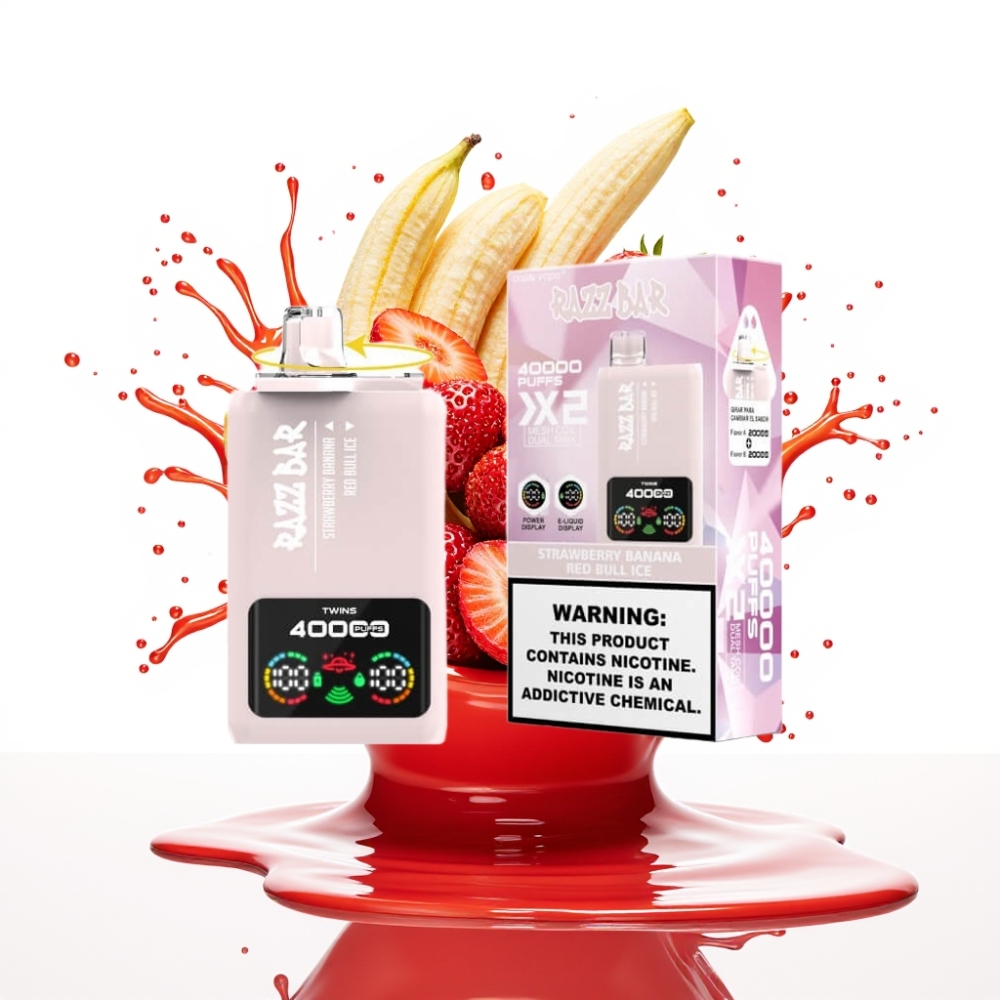 Razz Bar 40000 Puffs Disposable Vape ZEMENEĻU BANĀNS & RED BULL LEDUS – Power Screen, 40000 Puffs, 1.0Ω×2 Mesh Coil, 650mAh Battery