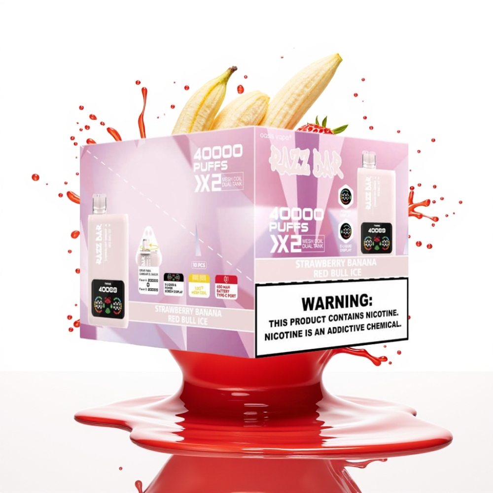 Razz Bar 40000 Puffs Disposable Vape ZEMENEĻU BANĀNS & RED BULL LEDUS – Power Screen, 40000 Puffs, 1.0Ω×2 Mesh Coil, 650mAh Battery