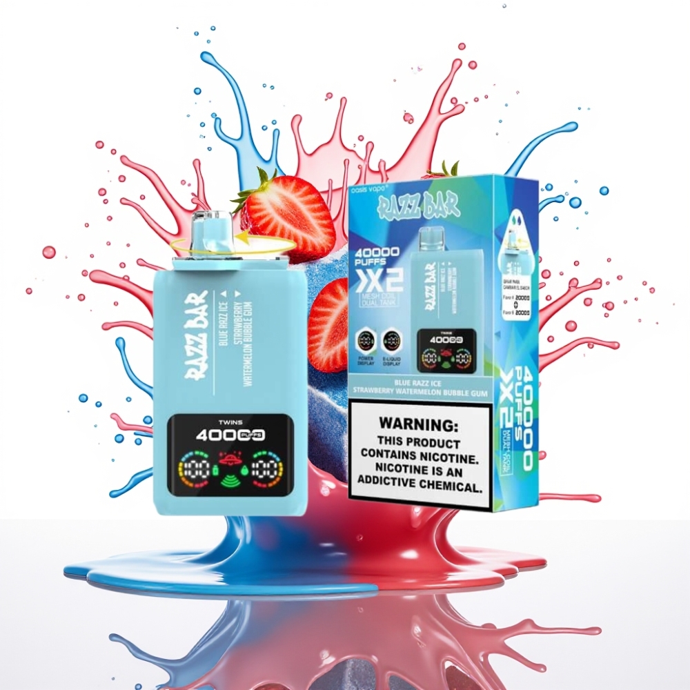 Razz Bar 40000 Puffs Disposable Vape ZILAIS AVENEJU LEDUS-ZEMENE ARBŪZS SAPŅU SĪRUPS, Power Screen Display, 1.0Ω×2 Mesh Coil, Type-C Port