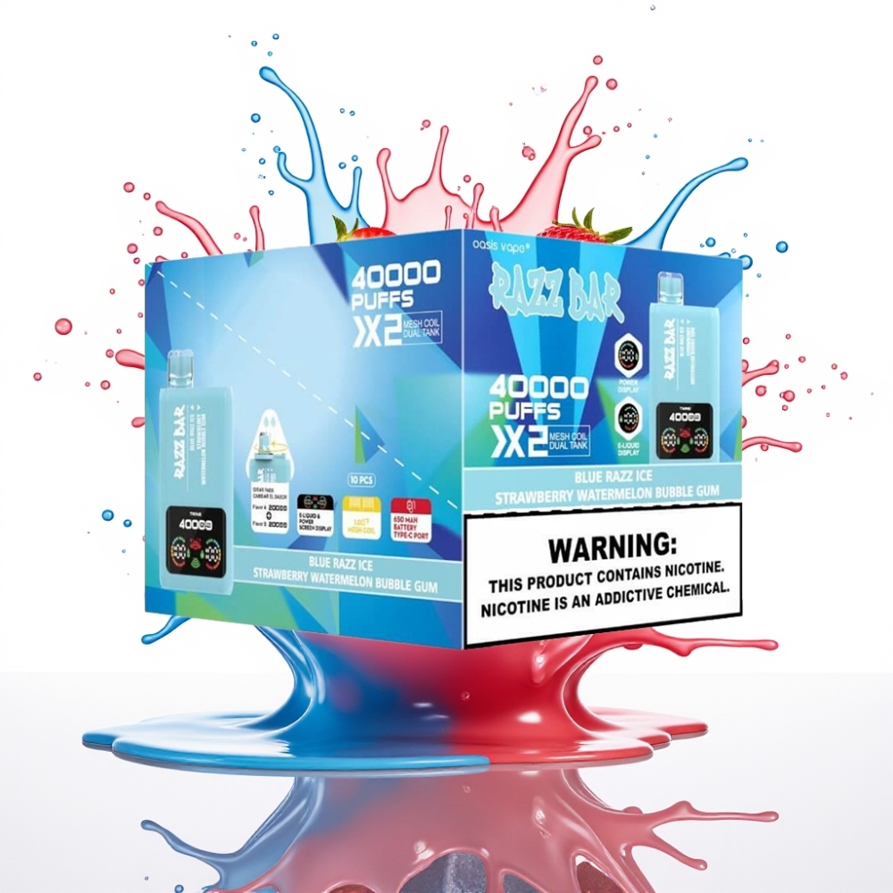 Razz Bar 40000 Puffs Disposable Vape ZILAIS AVENEJU LEDUS-ZEMENE ARBŪZS SAPŅU SĪRUPS, Power Screen Display, 1.0Ω×2 Mesh Coil, Type-C Port