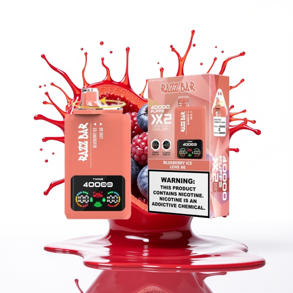 Razz Bar 40000 Puffs Disposable Vape ZILA KŪSTĪBAS LEDUS & MĪLESTĪBA 66, Power Screen Display, 1.0Ω×2 Mesh Coil, Type-C Port