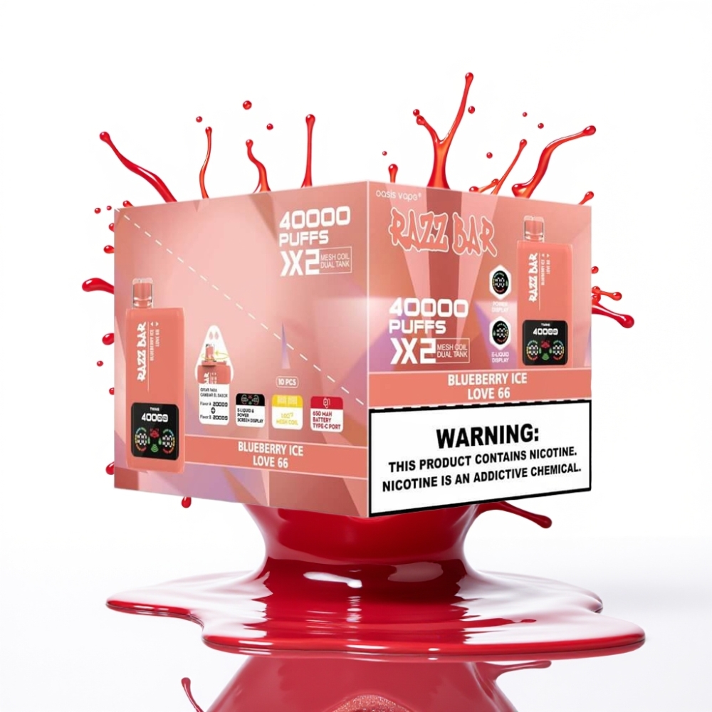 Razz Bar 40000 Puffs Disposable Vape ZILA KŪSTĪBAS LEDUS & MĪLESTĪBA 66, Power Screen Display, 1.0Ω×2 Mesh Coil, Type-C Port