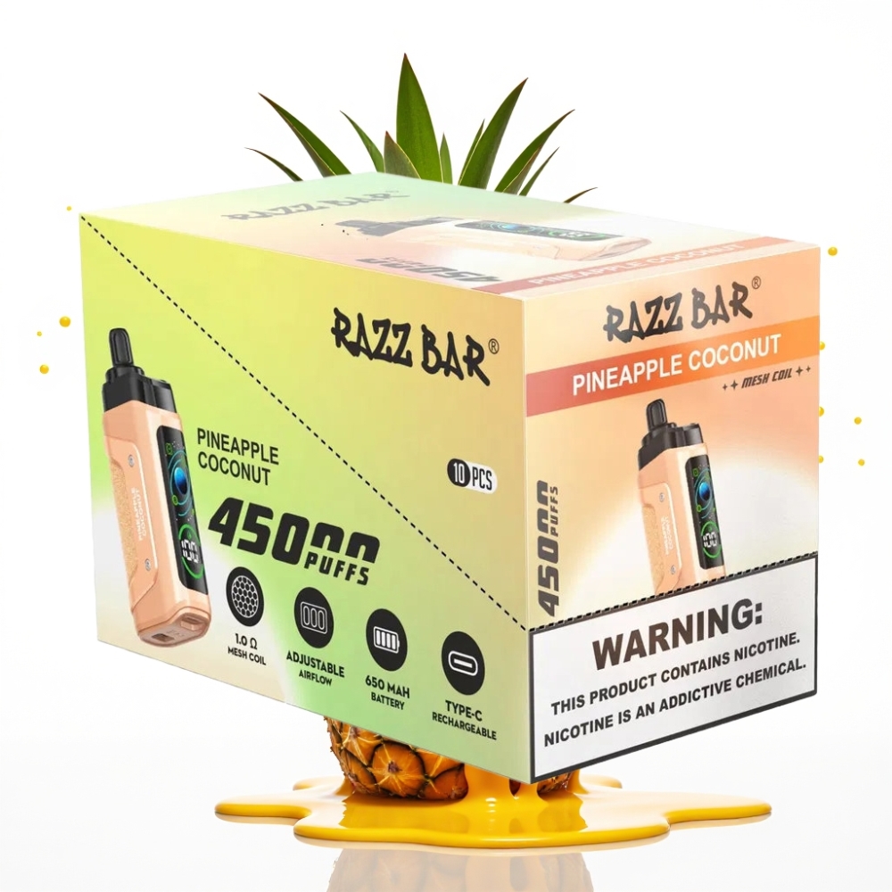 Razz Bar 45000 Puffs Disposable Vape Ananāsu Kokosrieksts, 45000 Puffs, 1.0 Ohm Mesh Coil, Adjustable Airflow