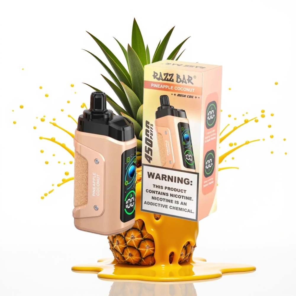 Razz Bar 45000 Puffs Disposable Vape Ananāsu Kokosrieksts, 45000 Puffs, 1.0 Ohm Mesh Coil, Adjustable Airflow