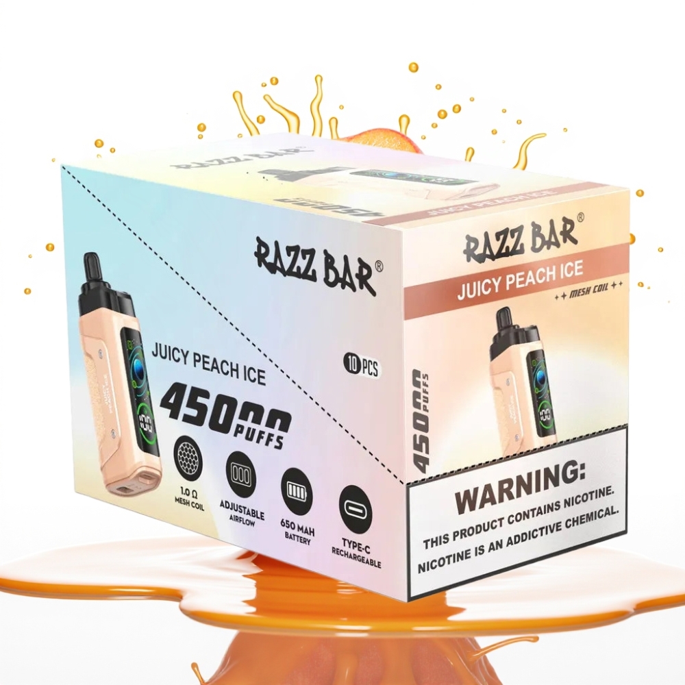 Razz Bar 45000 Puffs Disposable Vape Sulu Persiku Ledus, 45000 Puffi, 1.0 Ohm, Type-C Uzlāde