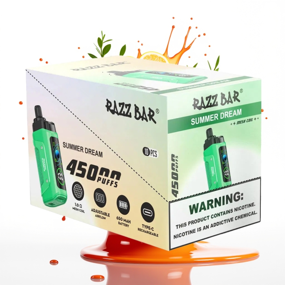 Razz Bar 45000 Puffs Disposable Vape Vasaras Sapnis — 45000 Puffi, 1.0 Ohm Sietas Spole, Regulējams Gaisa Plūsmas, Type-C Uzlāde