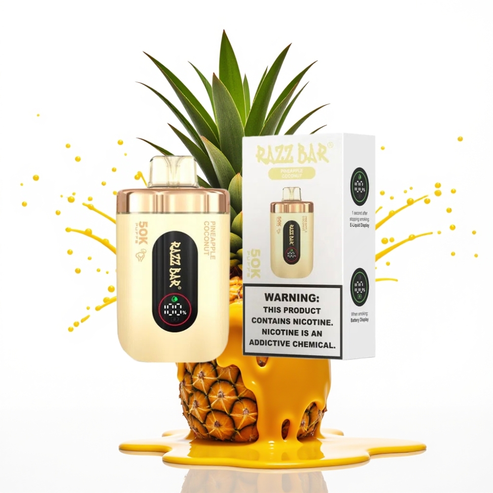 Razz Bar 50K Puffs Disposable Vape Ananāsu Kokosrieksts – 50000 Puffs, 1.0 Ohm Mesh Coil, 650 Mah